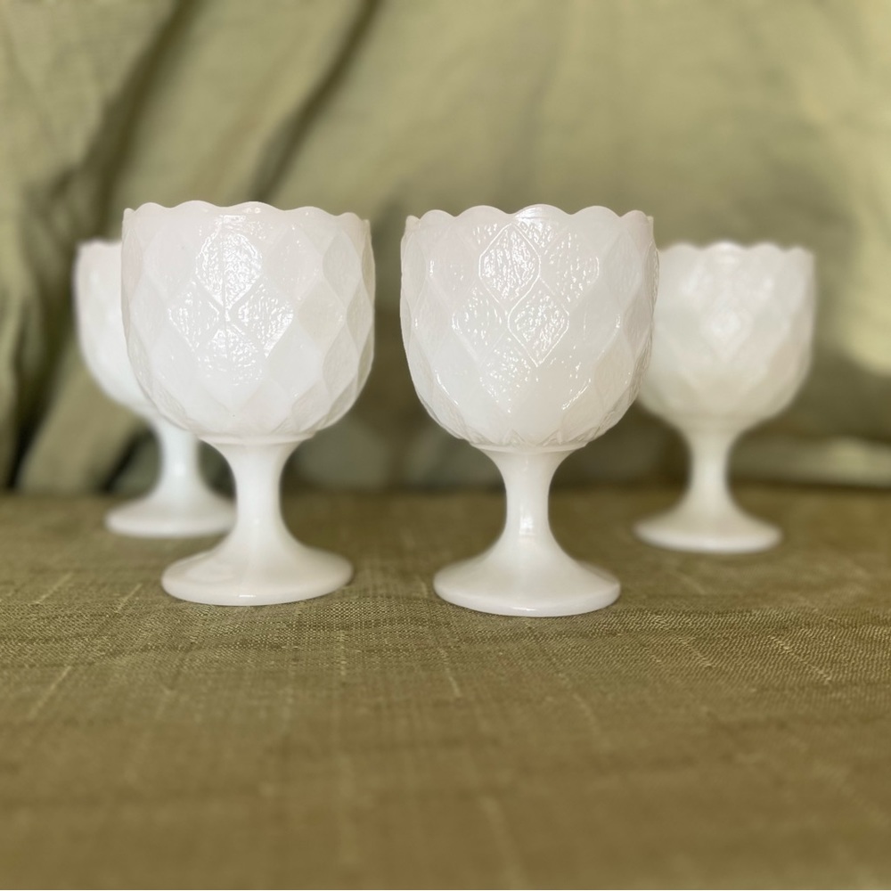 Vintage Milk Glass Quilted Pattern Pedestal Goblets – Set of 4